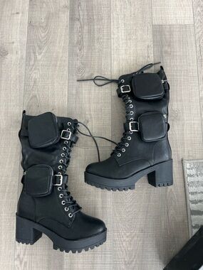 iHeartRaves Black Lace-Up Lug Heel Combat Boots with Dual Removable Pouches